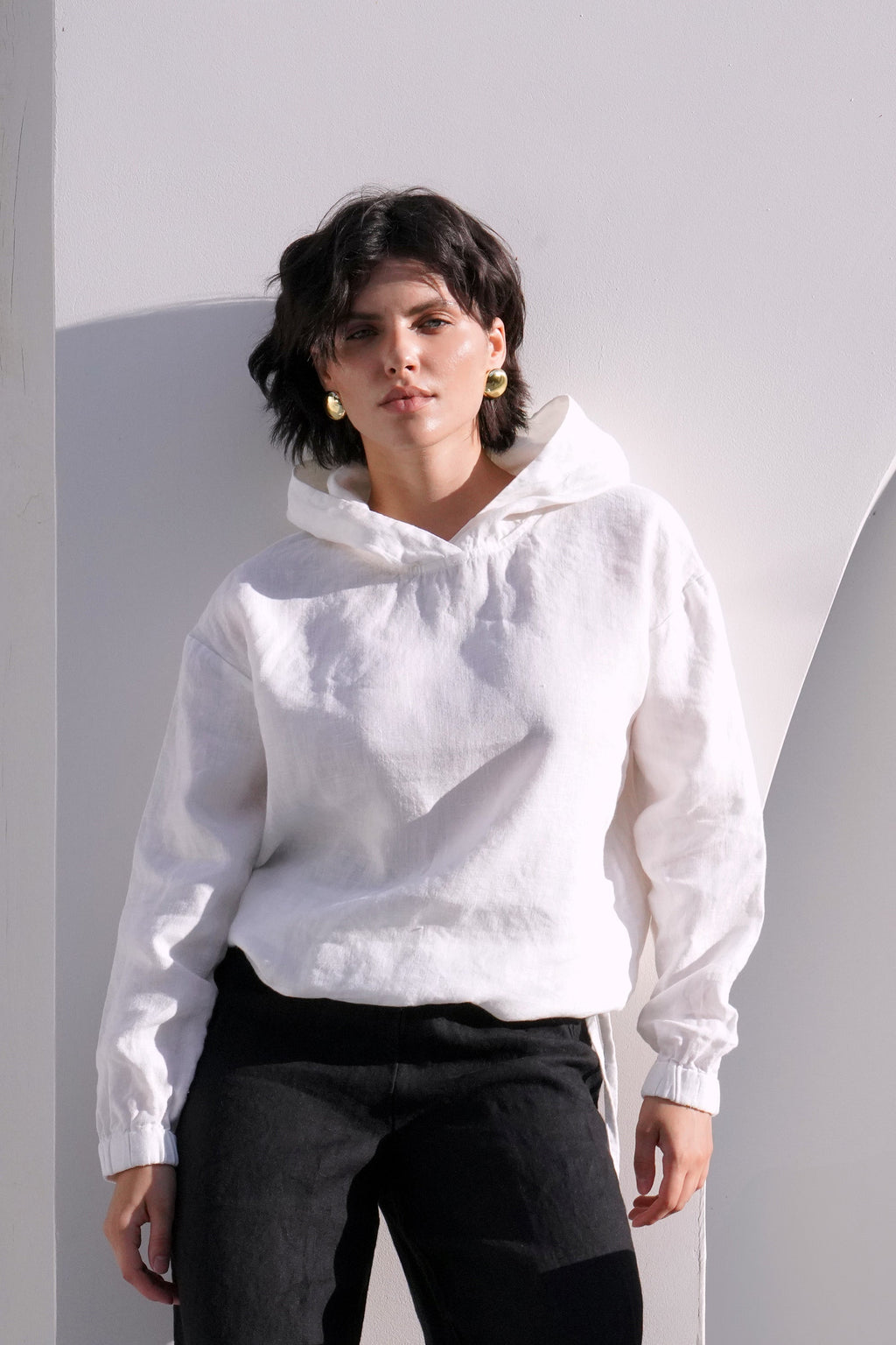 Linen Hoodie with Ties Lamia in White for Women