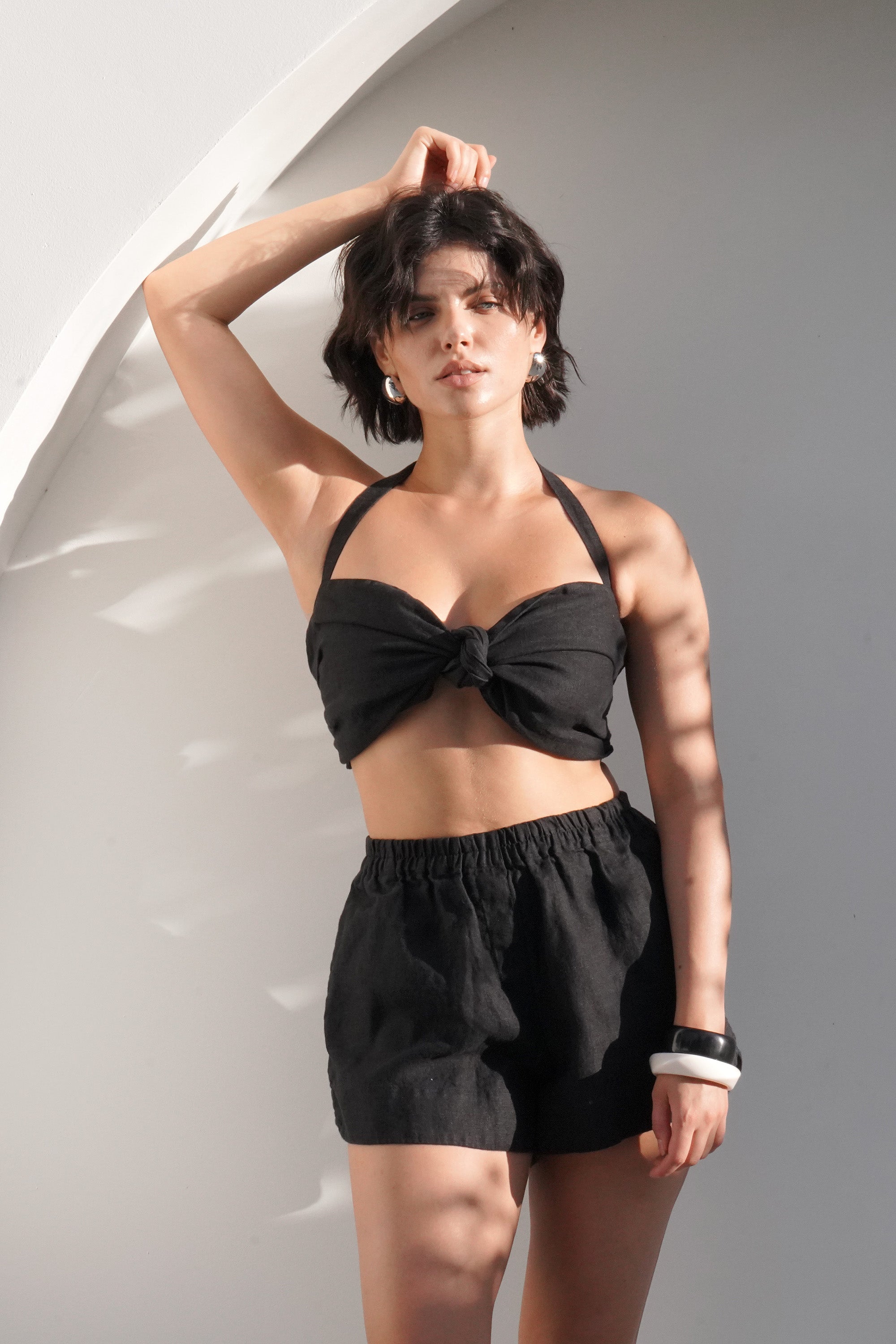 Linen Halter Top with Front Knot Petal in Black for Women - gallery