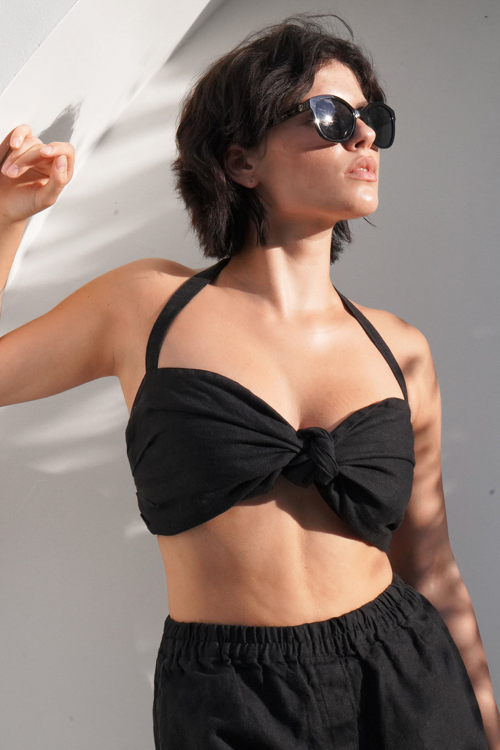 Linen Halter Top with Front Knot Petal in Black for Women