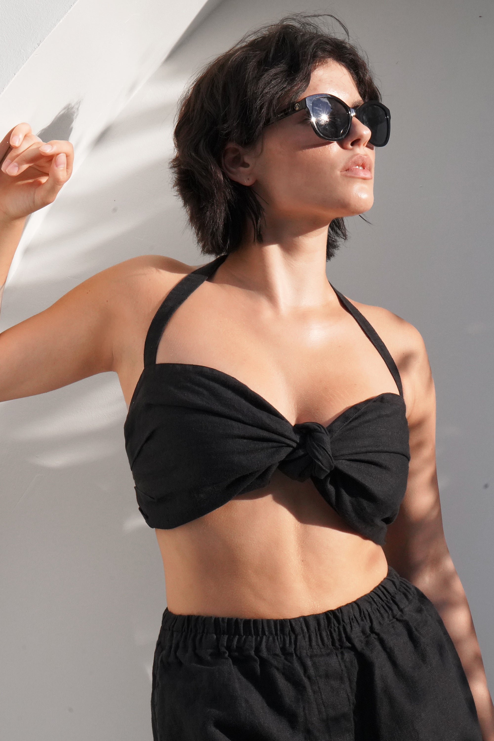Linen Halter Top with Front Knot Petal in Black for Women