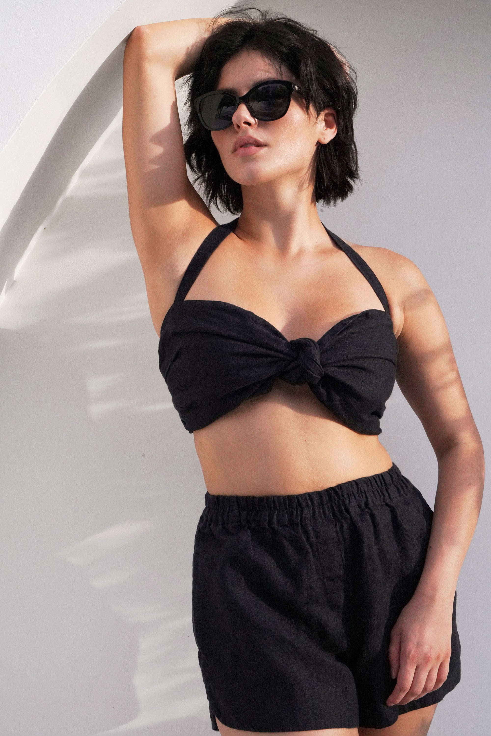 Linen Halter Top with Front Knot Petal in Black for Women - gallery