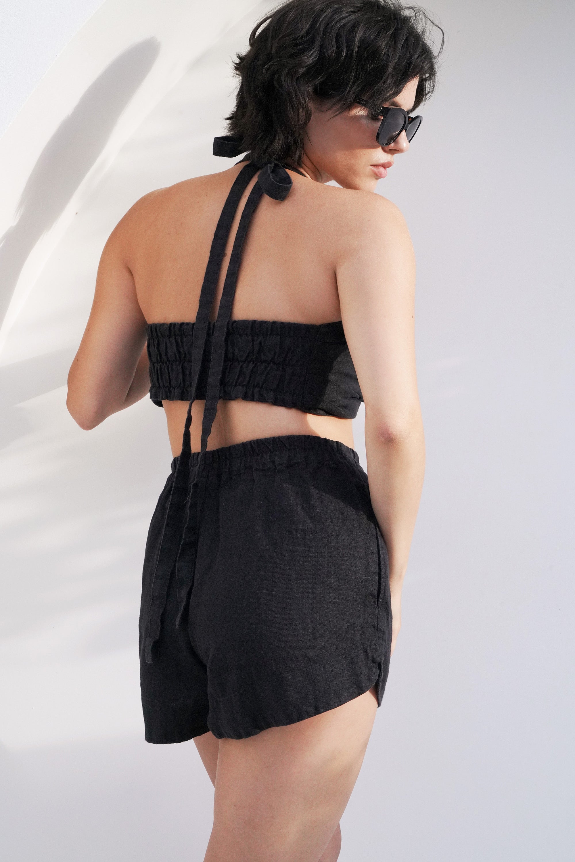 Linen Halter Top with Front Knot Petal in Black for Women - gallery