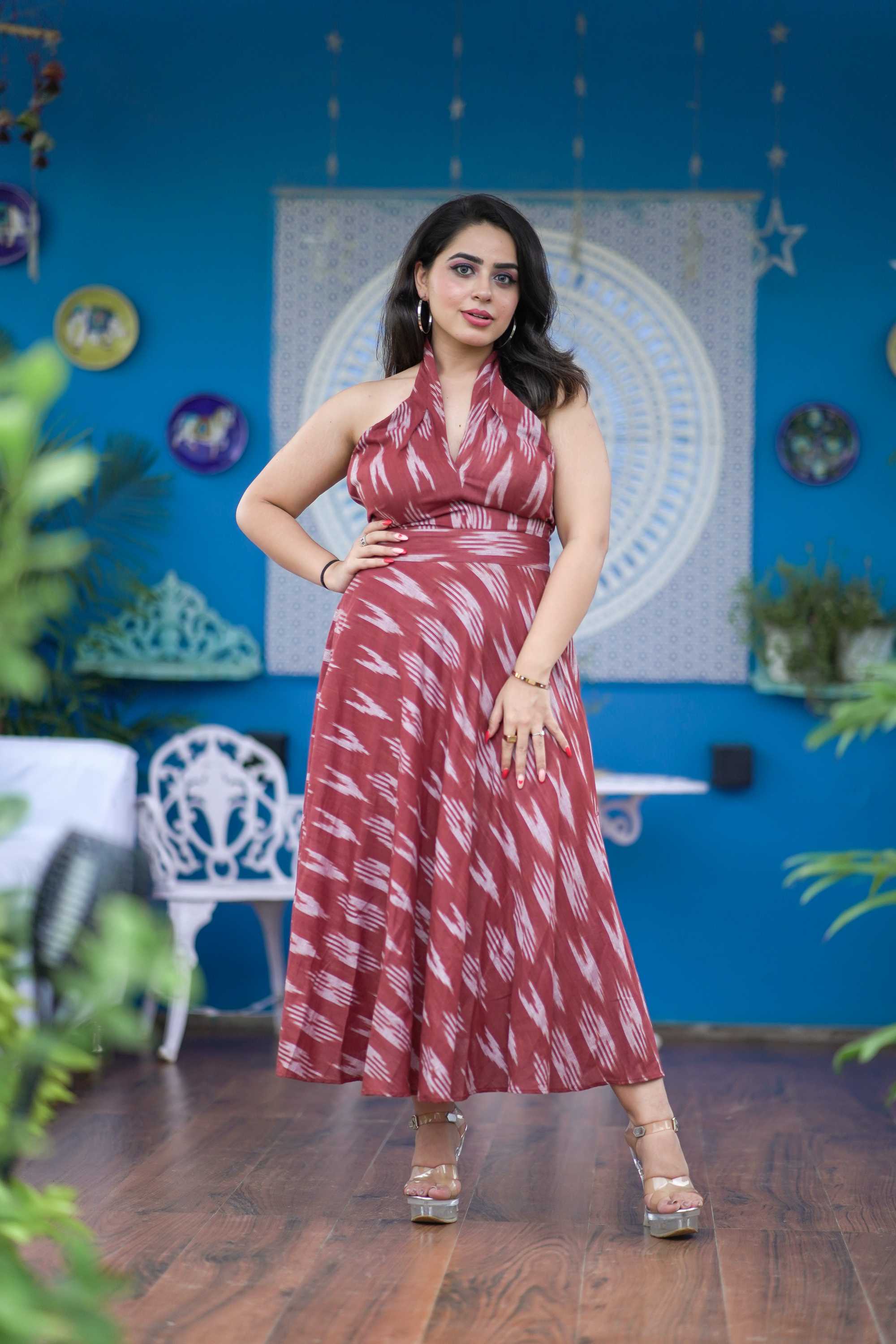 Brown a Line Halter Neck Dress for Women - gallery