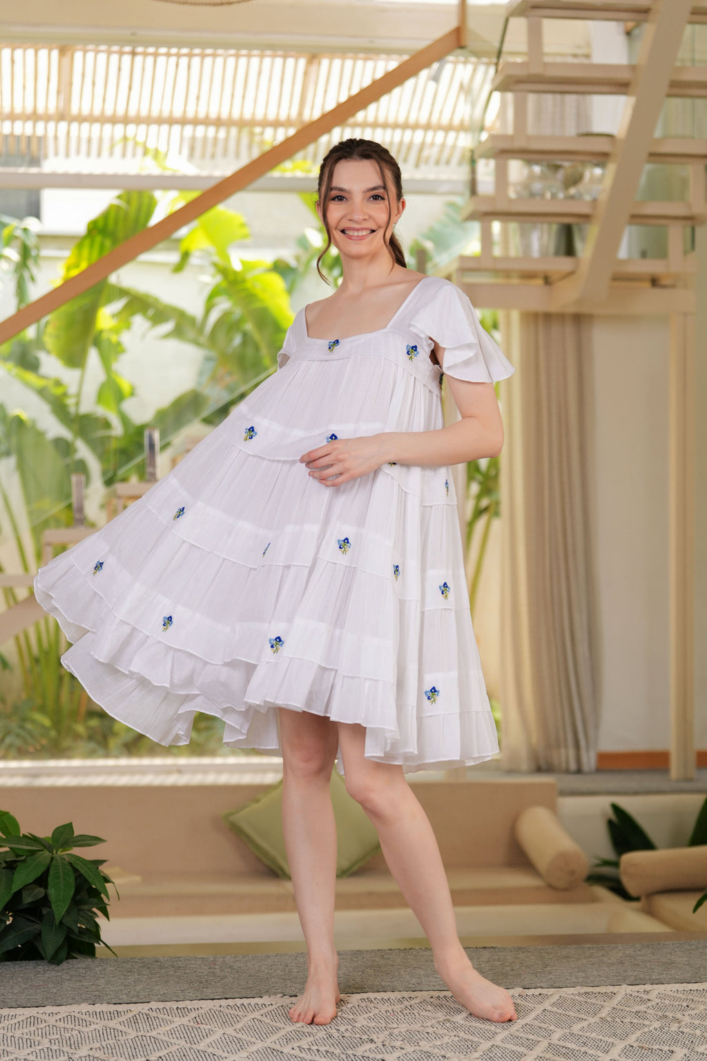 White Embroidered Ruffle Short Dress for Women - gallery
