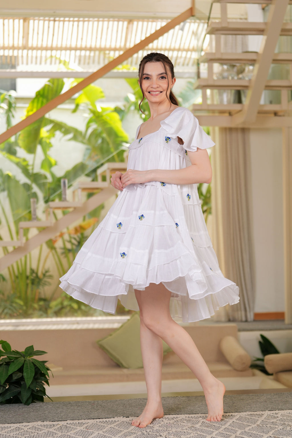 White Embroidered Ruffle Short Dress for Women - gallery
