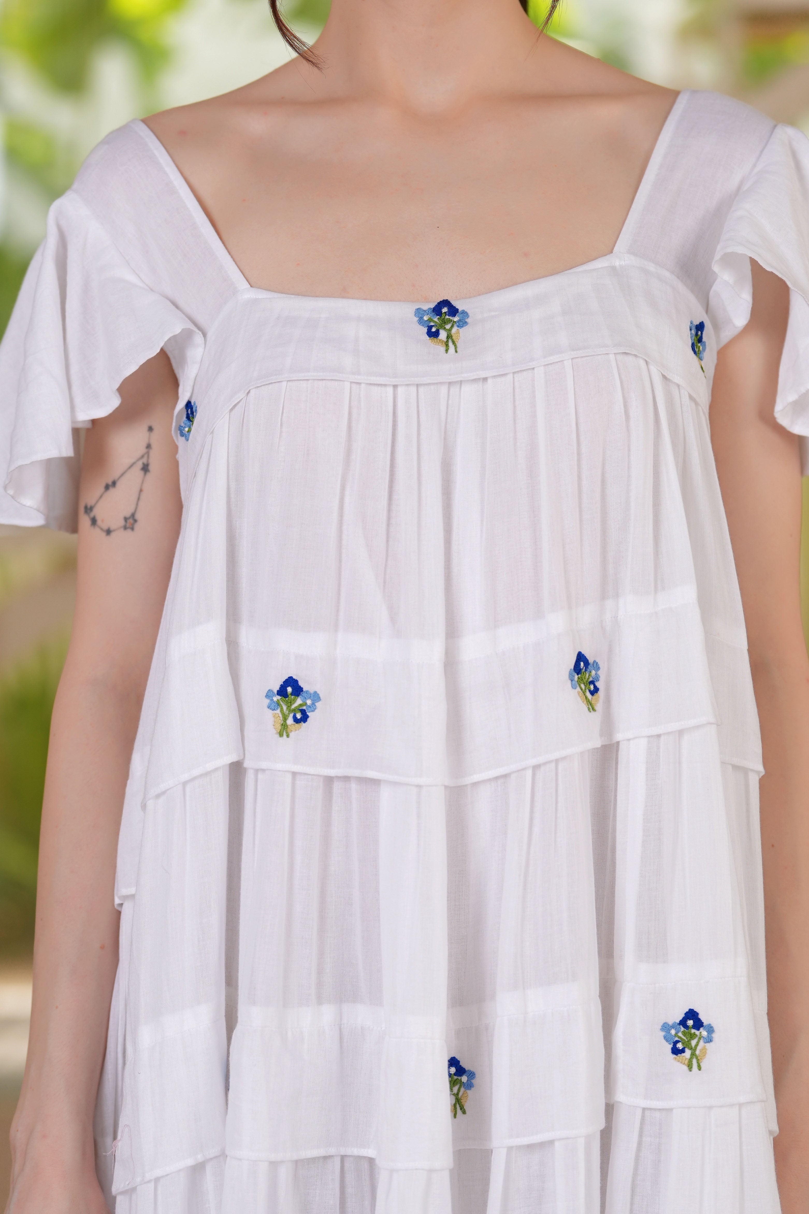 White Embroidered Ruffle Short Dress for Women - gallery