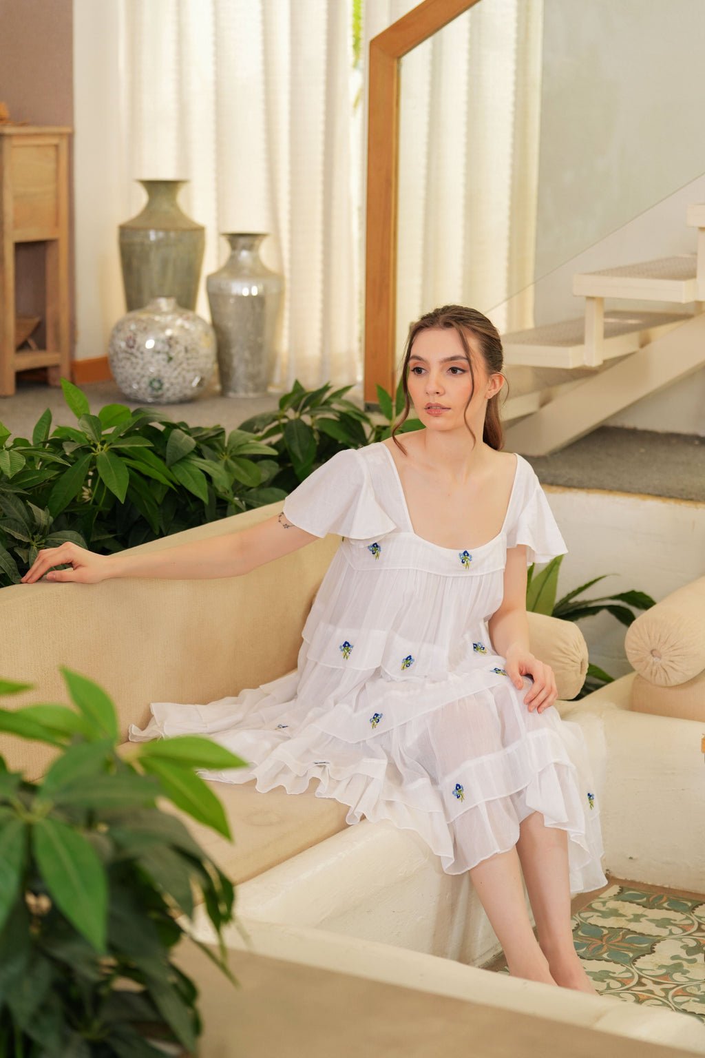 White Embroidered Ruffle Short Dress for Women - gallery