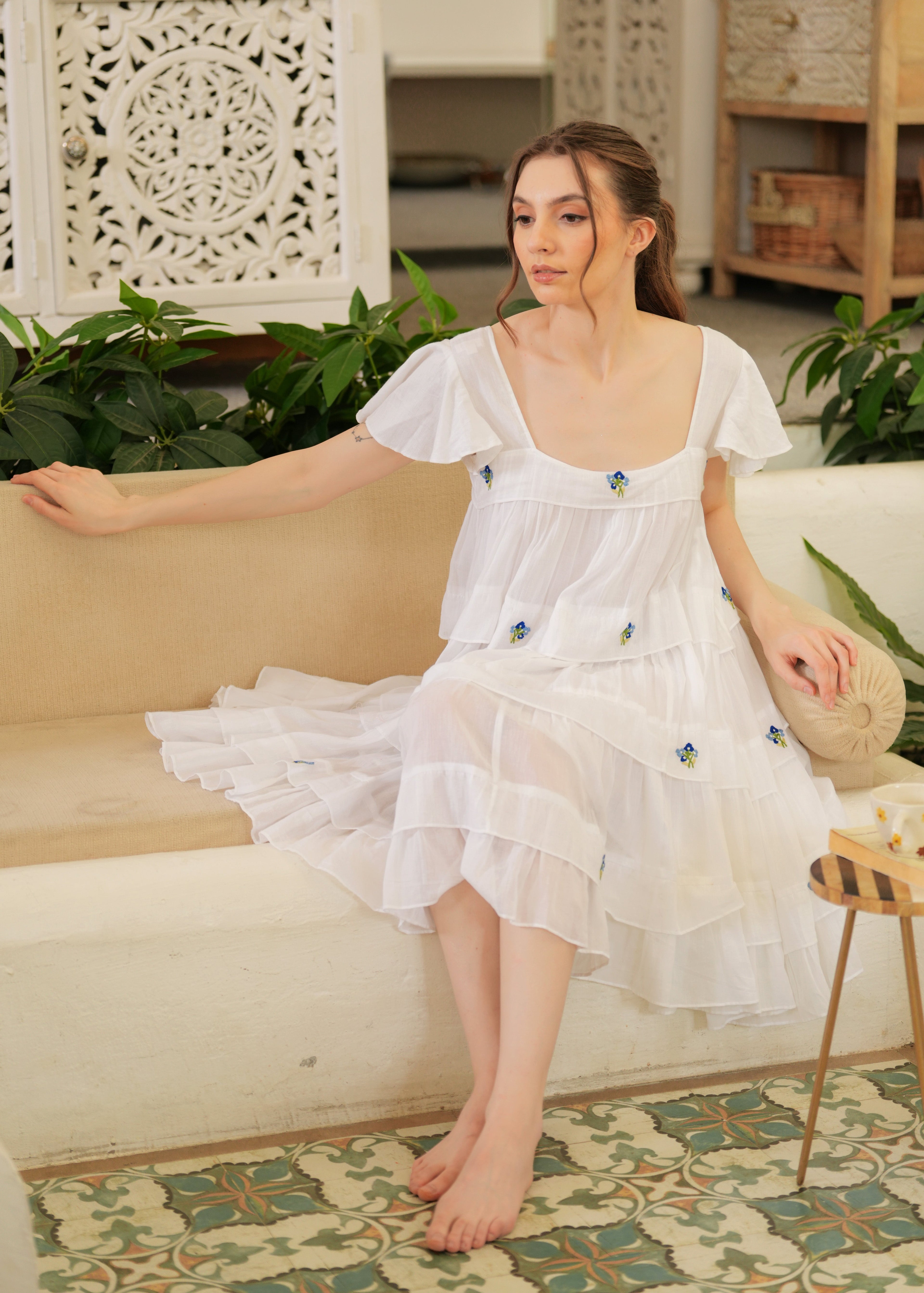 White Embroidered Ruffle Short Dress for Women - gallery