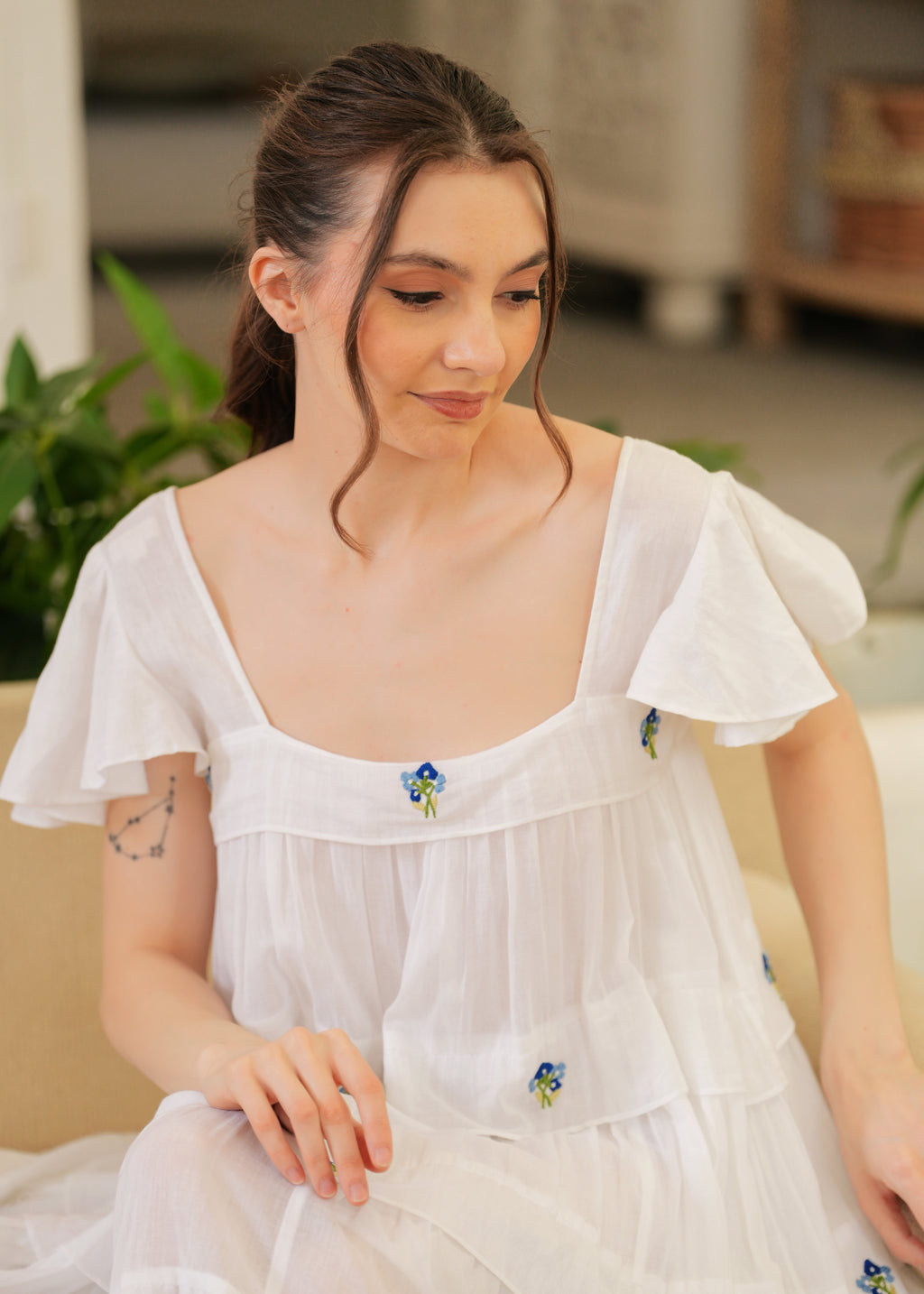 White Embroidered Ruffle Short Dress for Women - gallery