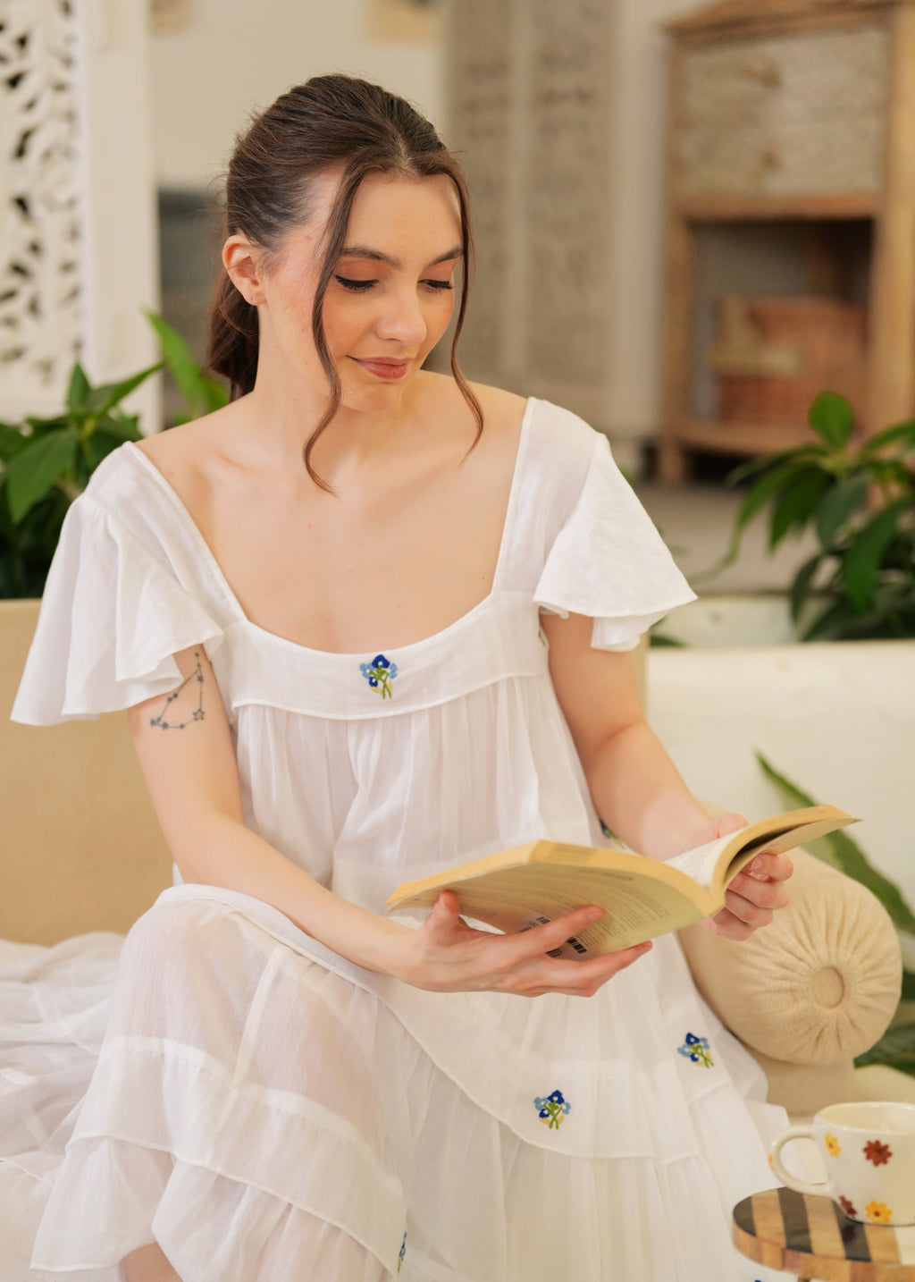 White Embroidered Ruffle Short Dress for Women - gallery