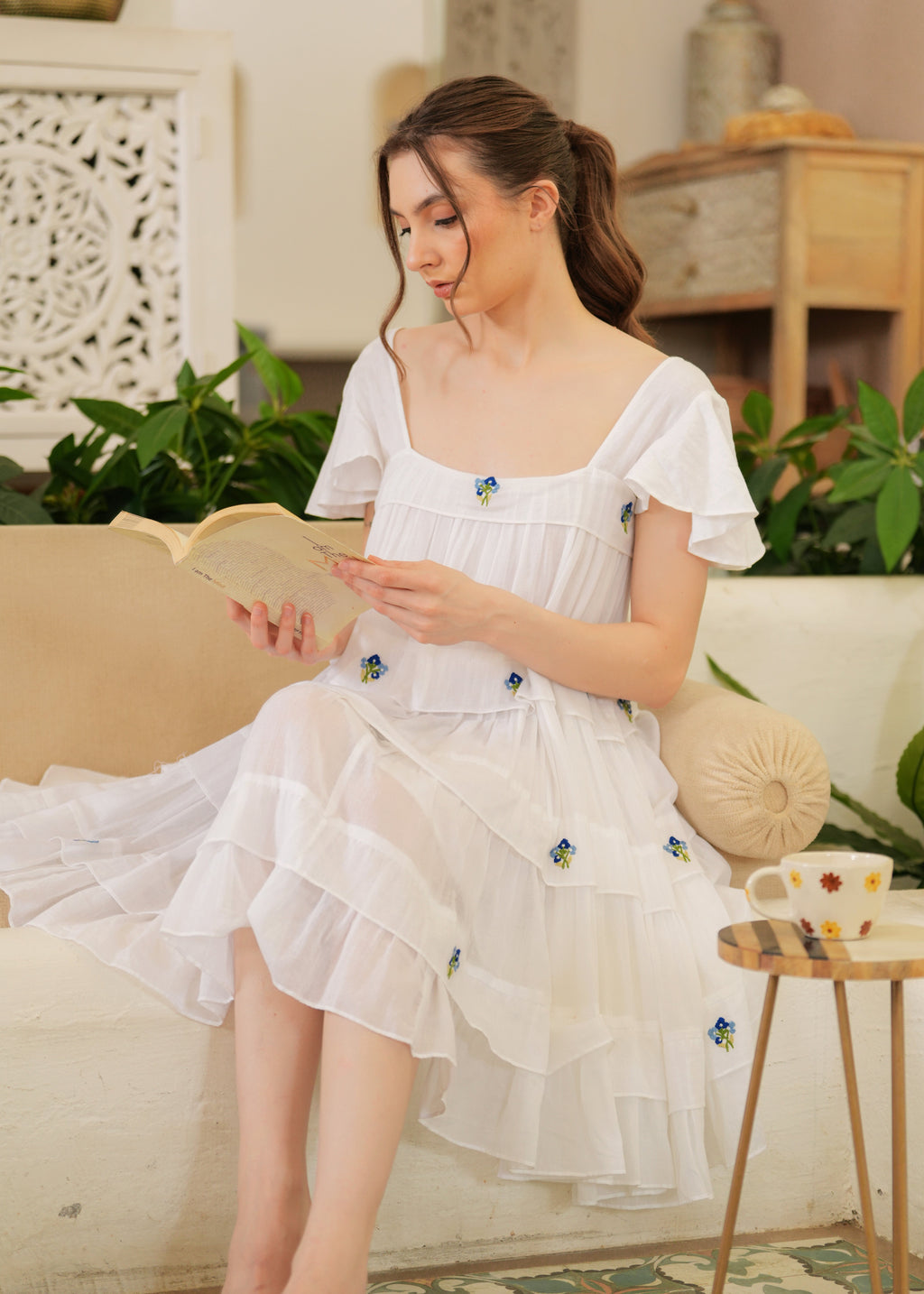 White Embroidered Ruffle Short Dress for Women