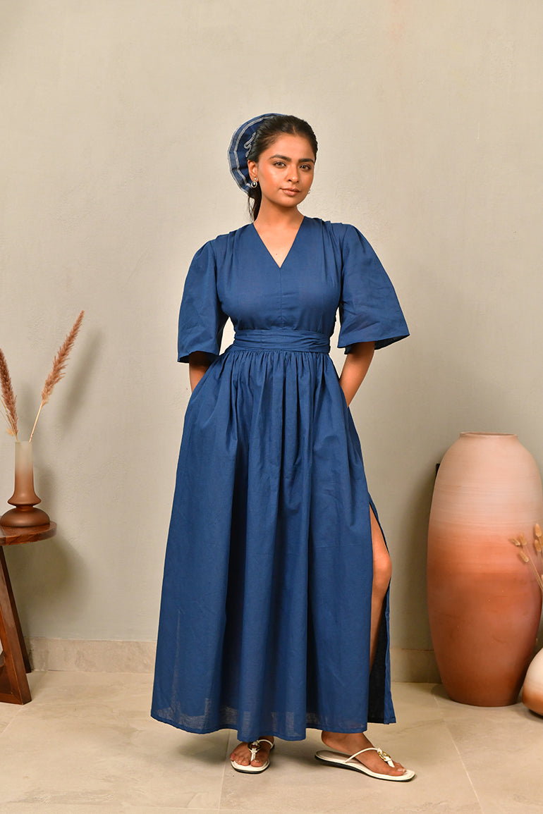 Cobalt Drift Linen Cotton Maxi Dress for Women