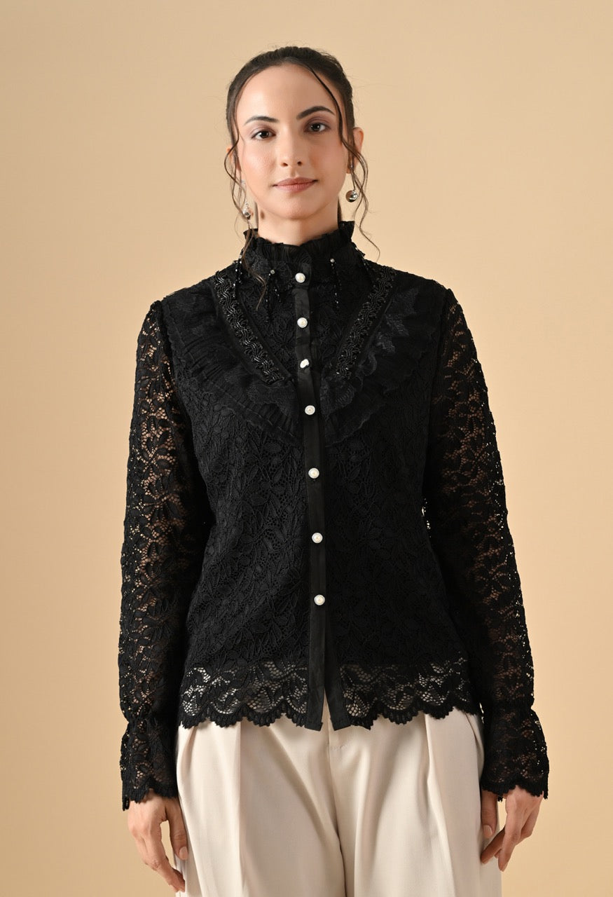 Gloria Lace Stone Work Ruffle Shirt Top for Women - gallery