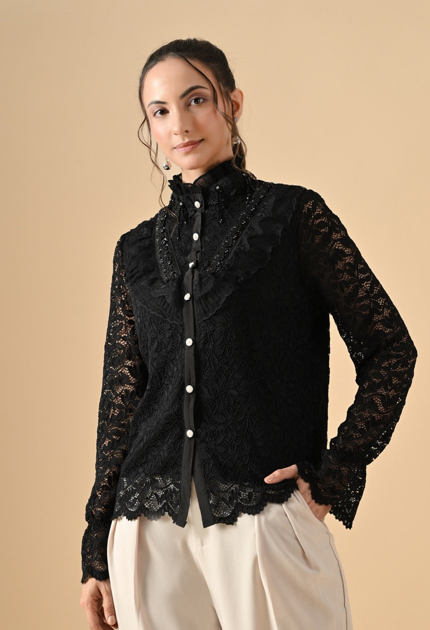 Gloria Lace Stone Work Ruffle Shirt Top for Women - gallery