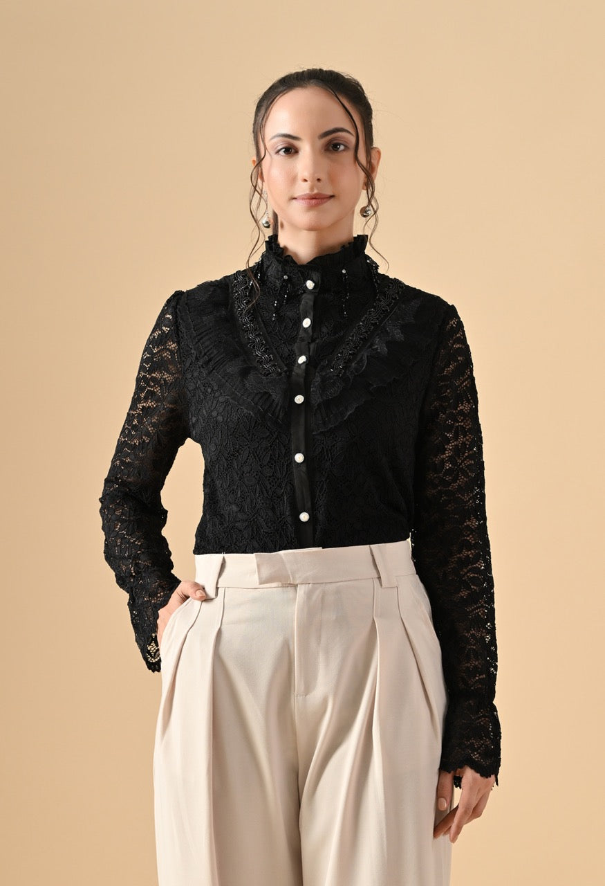 Gloria Lace Stone Work Ruffle Shirt Top for Women - gallery
