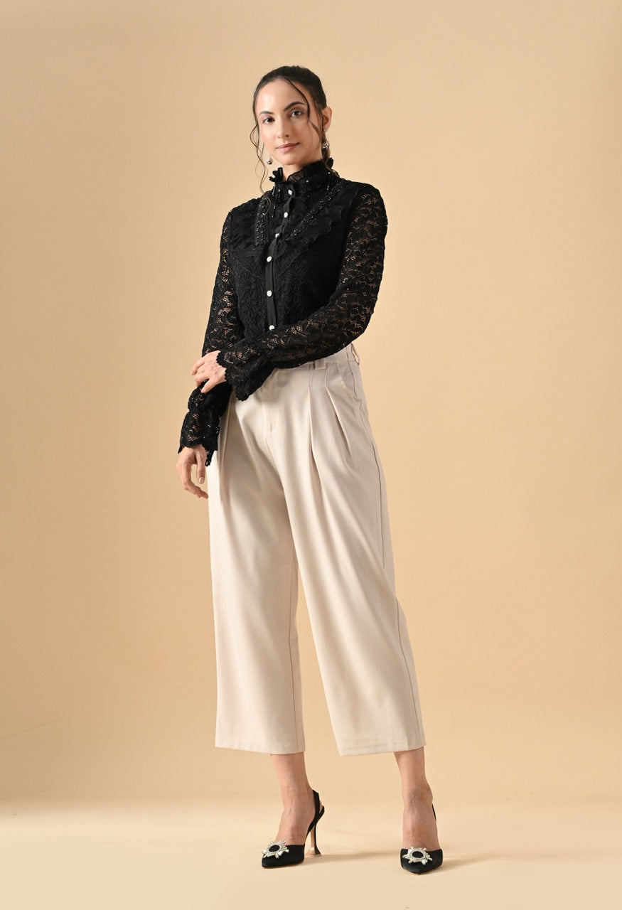 Gloria Lace Stone Work Ruffle Shirt Top for Women - Black
