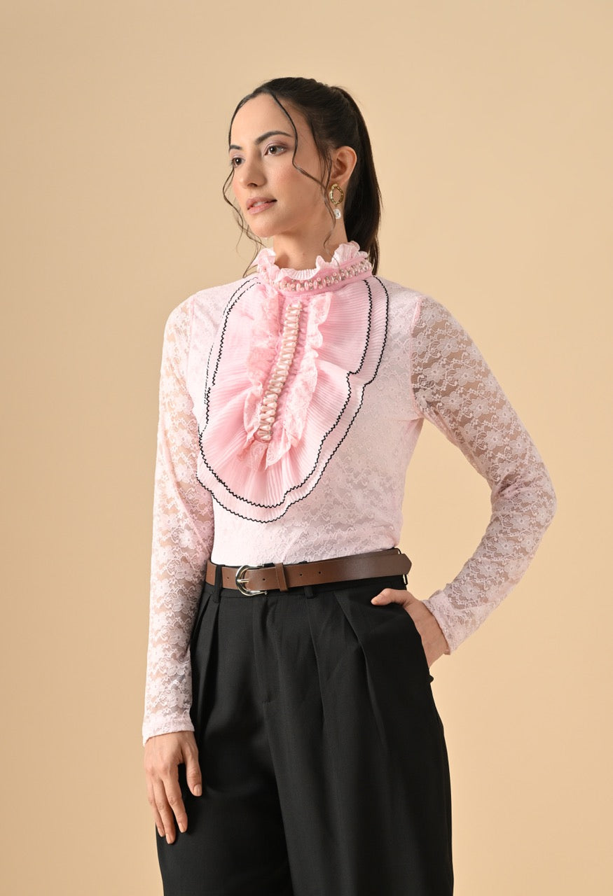 Nora Neck Pearl Embelished Lace Partywear Top Shirt for Women - gallery