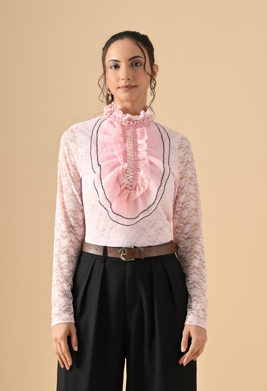 Nora Neck Pearl Embelished Lace Partywear Top Shirt for Women - gallery