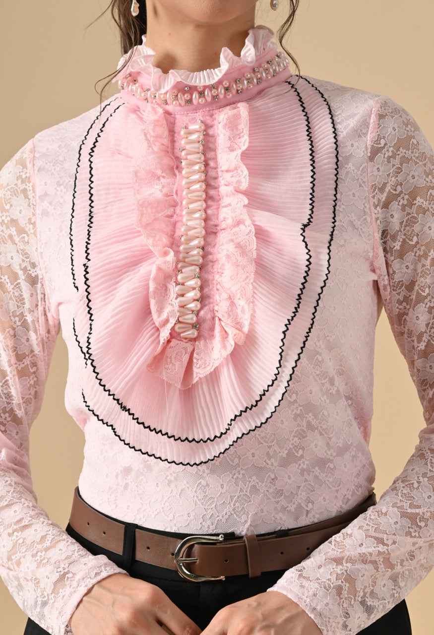 Nora Neck Pearl Embelished Lace Partywear Top Shirt for Women - gallery