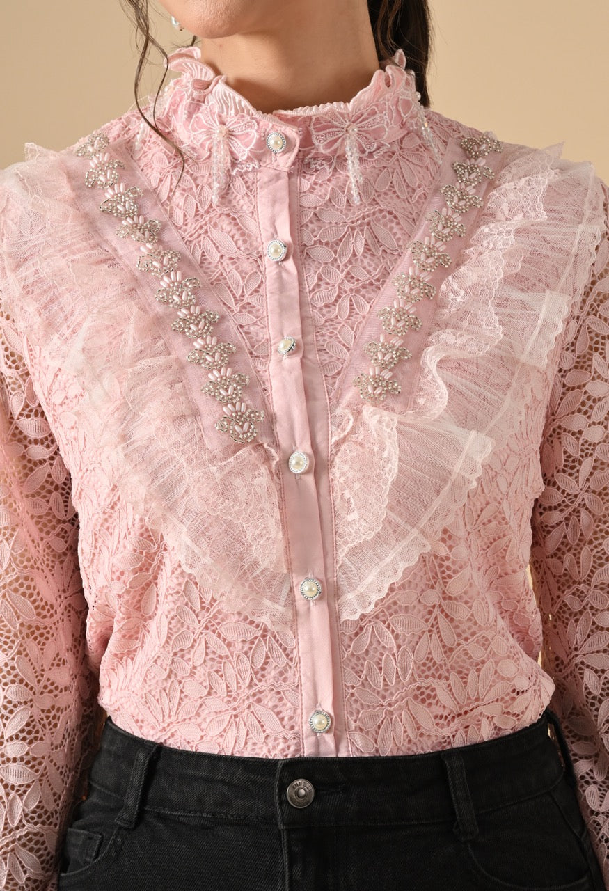 Gloria Lace Stone Work Ruffle Shirt Top for Women - gallery