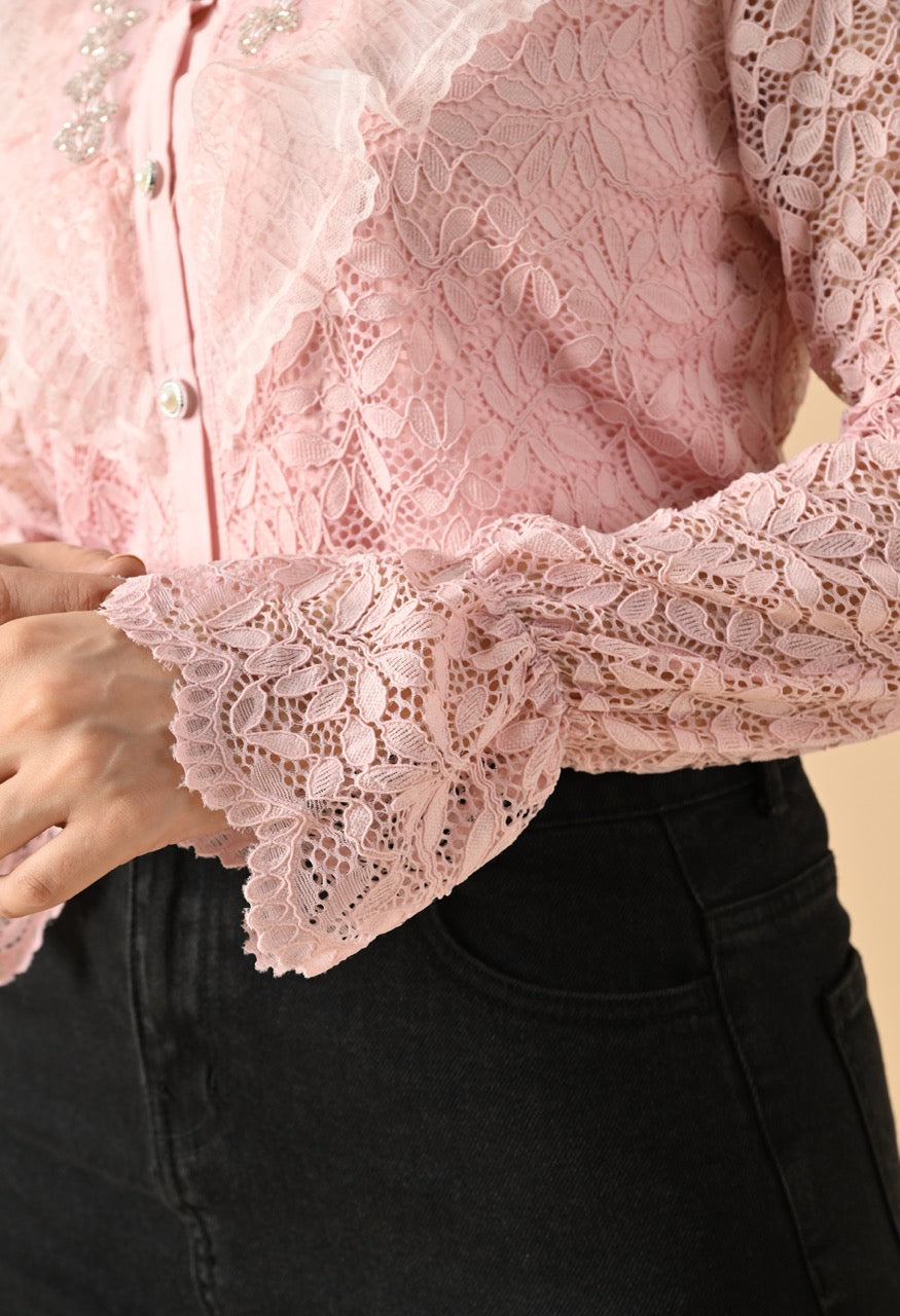 Gloria Lace Stone Work Ruffle Shirt Top for Women - gallery