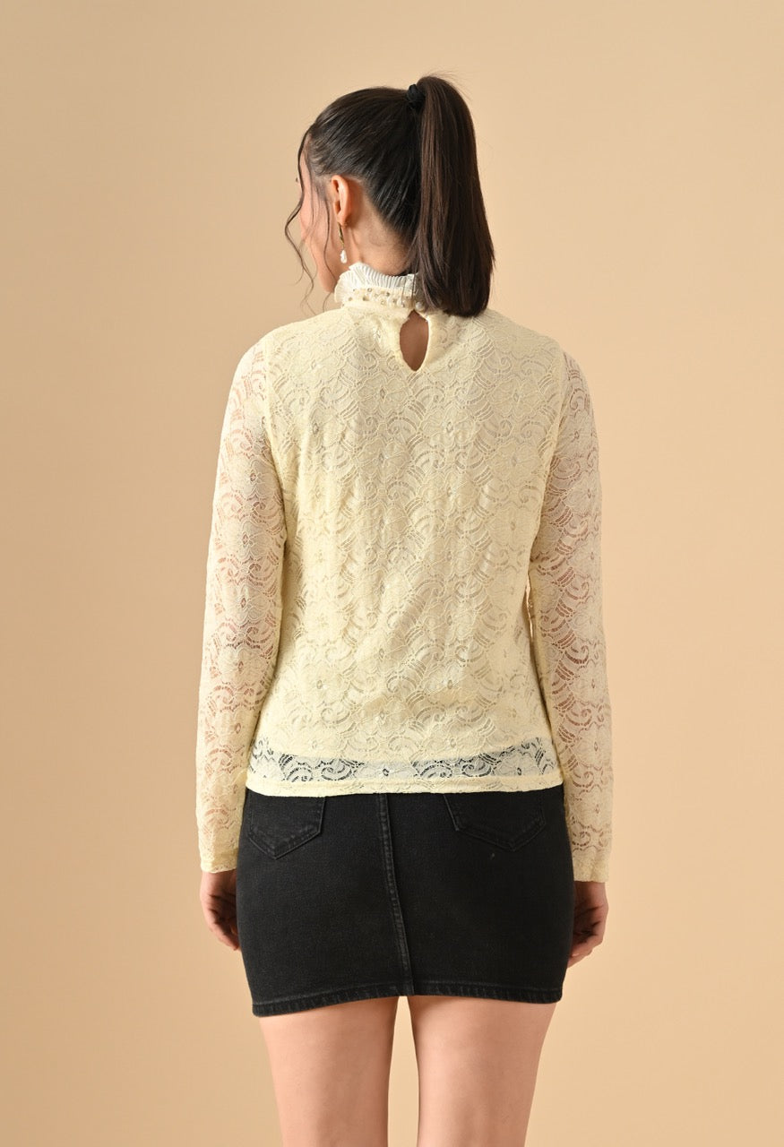 Nora Neck Pearl Embelished Lace Partywear Top Shirt for Women - gallery