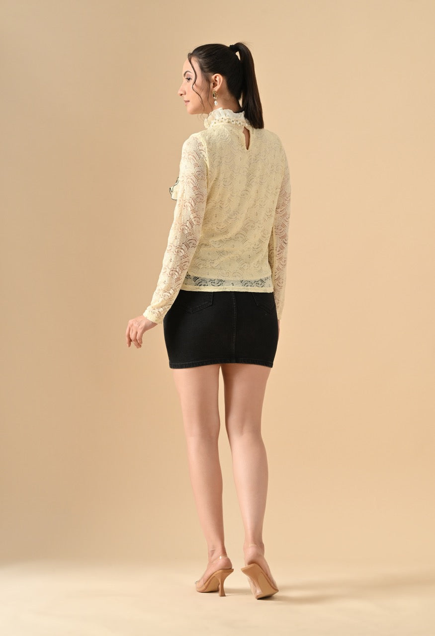 Nora Neck Pearl Embelished Lace Partywear Top Shirt for Women - gallery