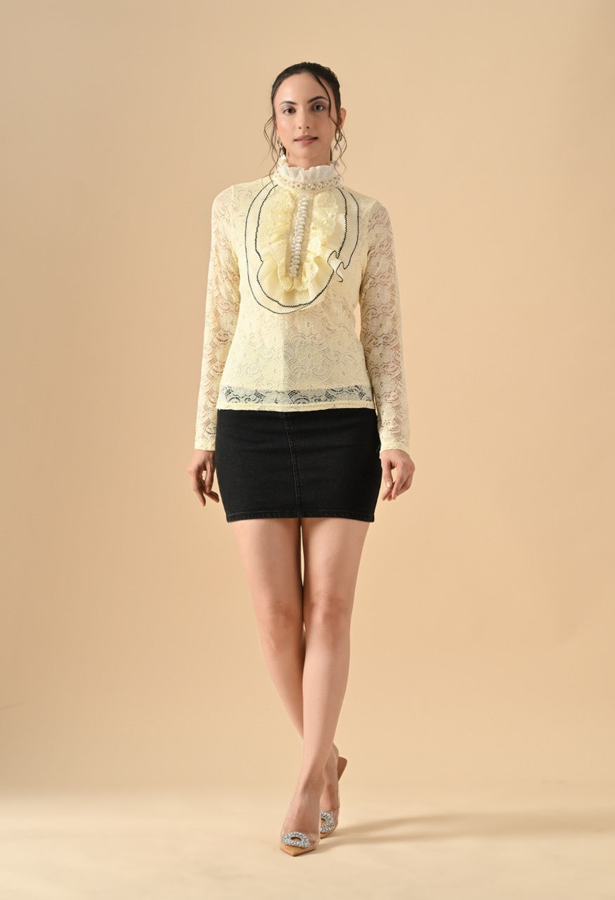 Nora Neck Pearl Embelished Lace Partywear Top Shirt for Women - gallery