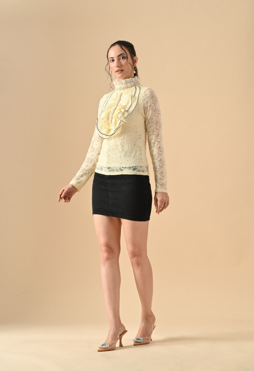 Nora Neck Pearl Embelished Lace Partywear Top Shirt for Women - gallery