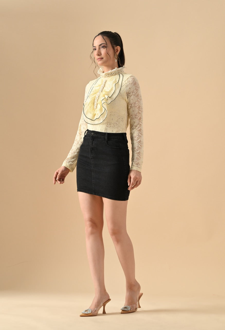 Nora Neck Pearl Embelished Lace Partywear Top Shirt for Women - gallery