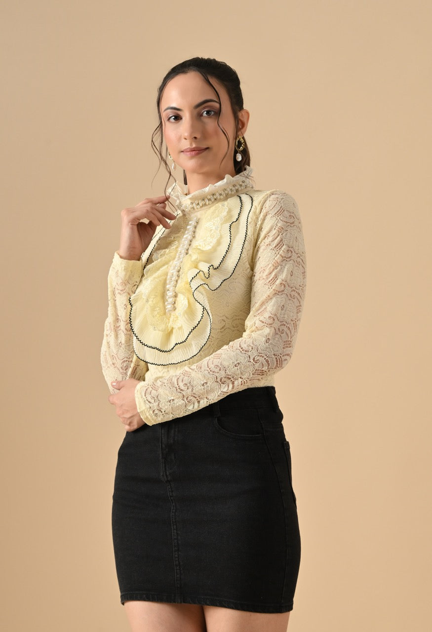Nora Neck Pearl Embelished Lace Partywear Top Shirt for Women - gallery