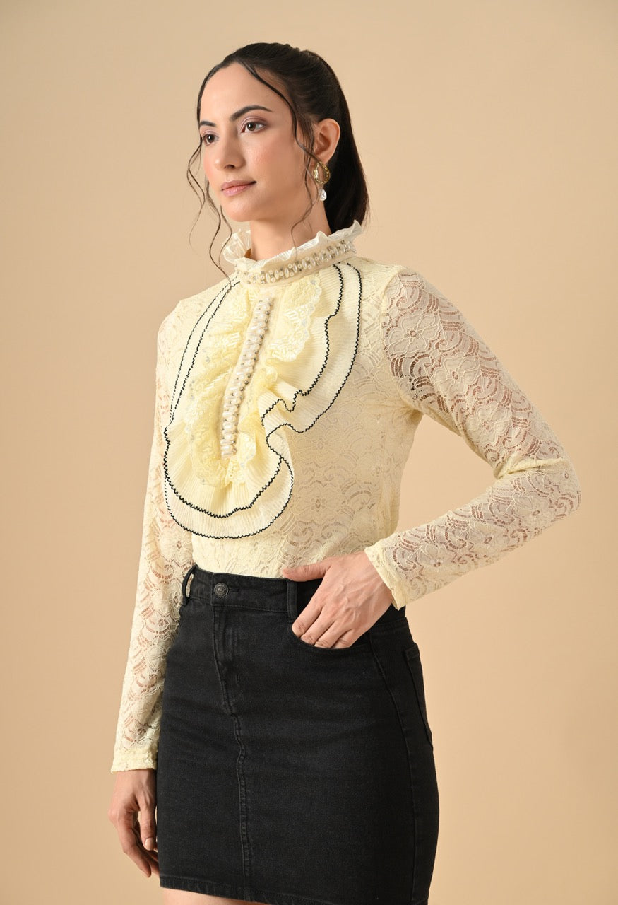 Nora Neck Pearl Embelished Lace Partywear Top Shirt for Women - gallery