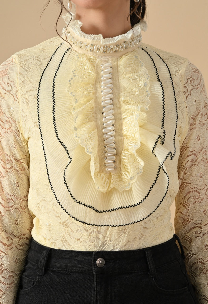 Nora Neck Pearl Embelished Lace Partywear Top Shirt for Women - gallery
