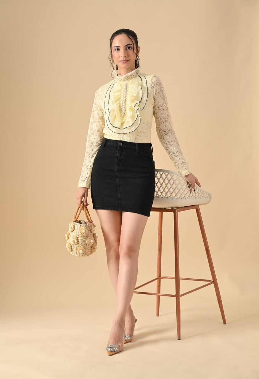 Nora Neck Pearl Embelished Lace Partywear Top Shirt for Women - gallery