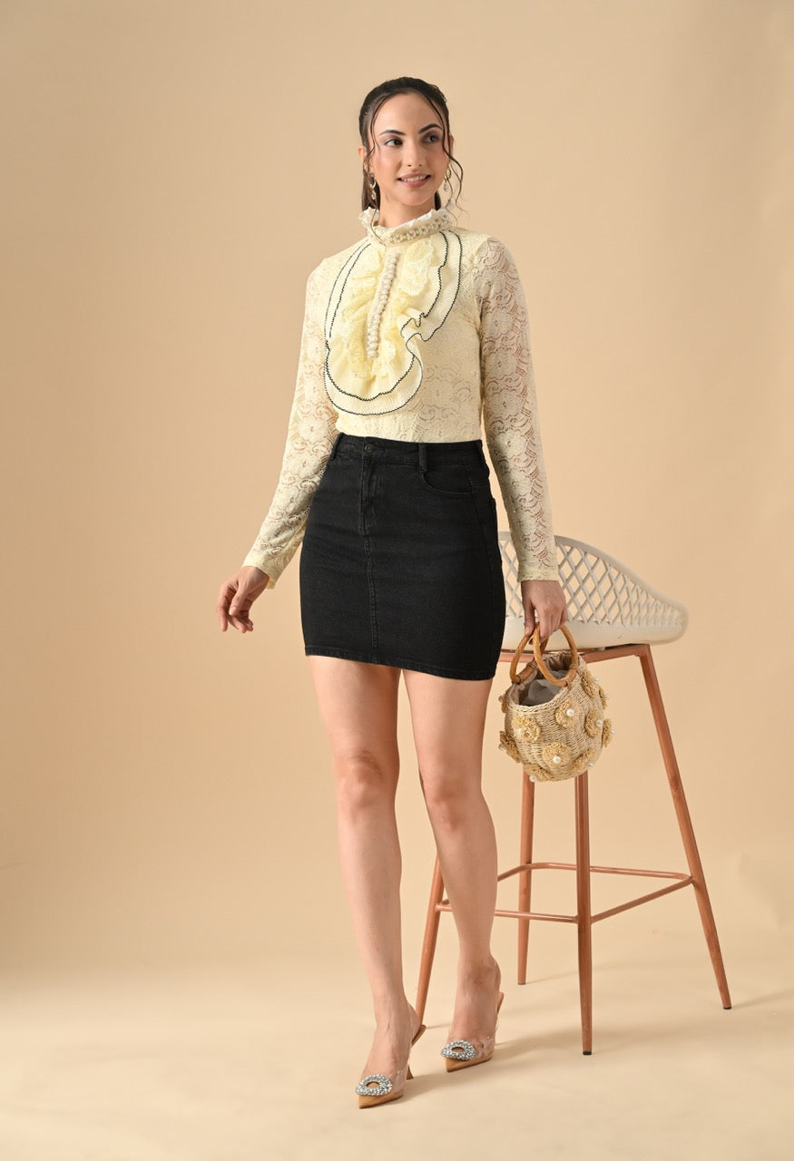 Nora Neck Pearl Embelished Lace Partywear Top Shirt for Women - gallery