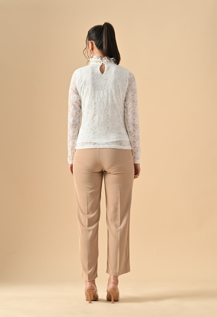 Nora Neck Pearl Embelished Lace Partywear Top Shirt for Women - gallery