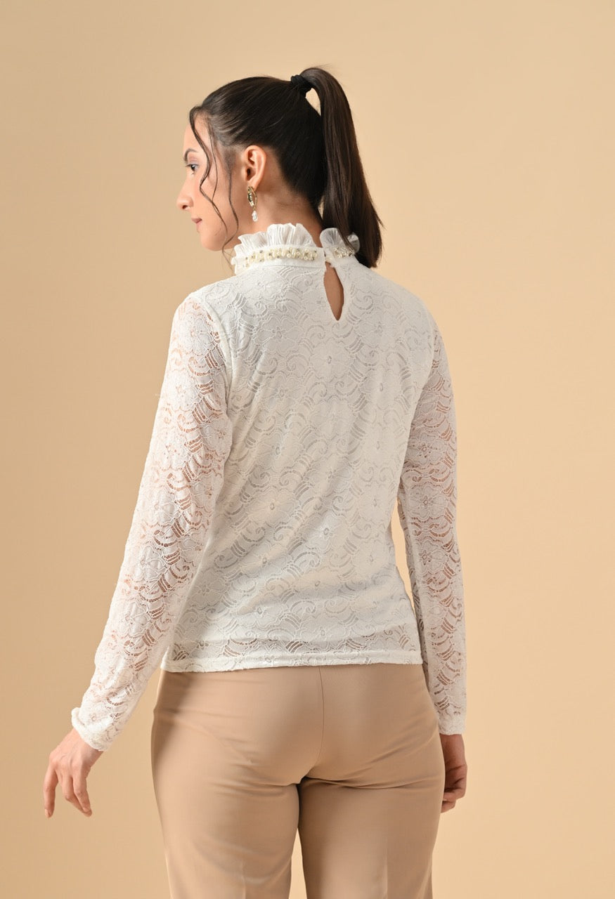 Nora Neck Pearl Embelished Lace Partywear Top Shirt for Women - gallery