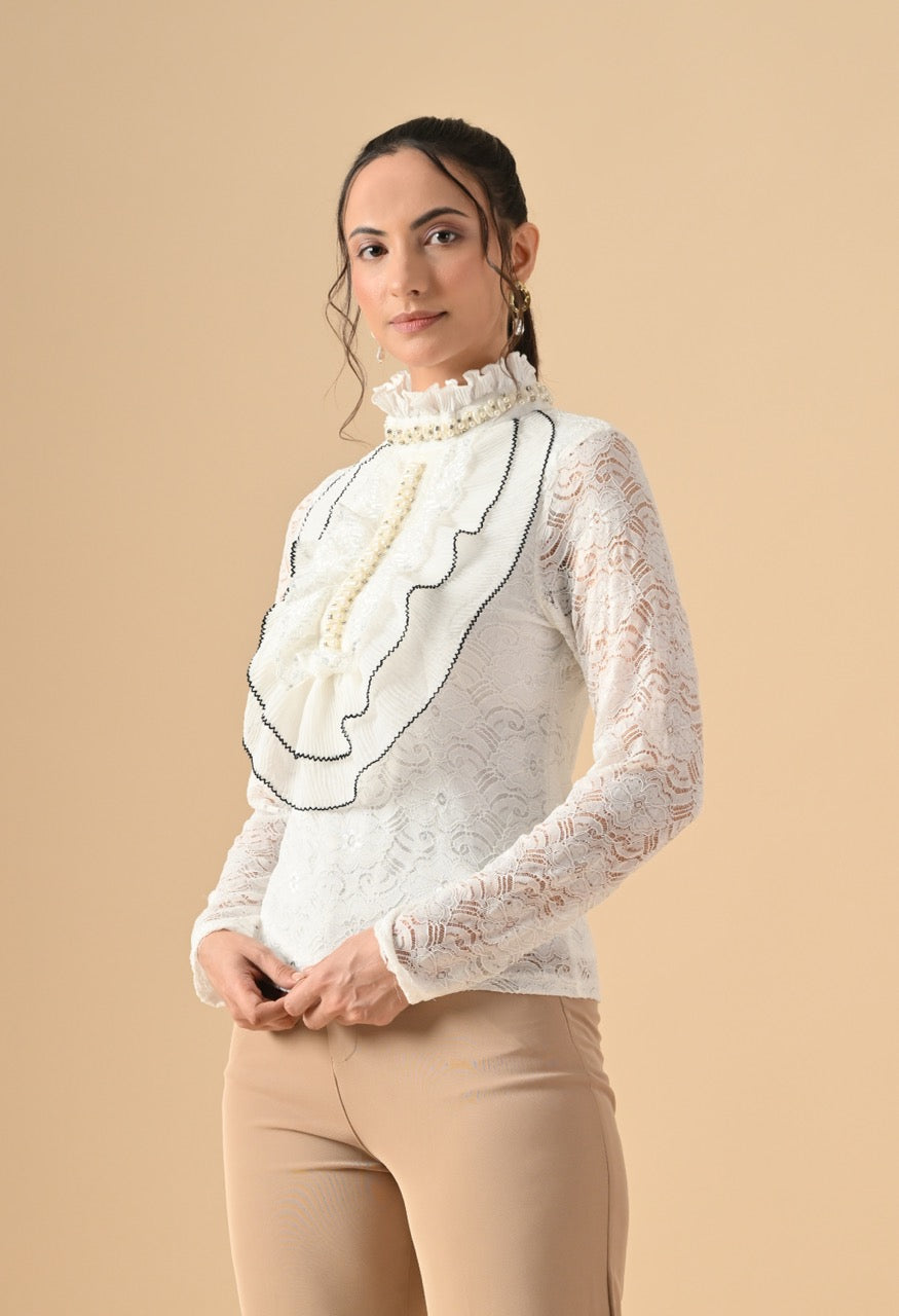 Nora Neck Pearl Embelished Lace Partywear Top Shirt for Women - gallery