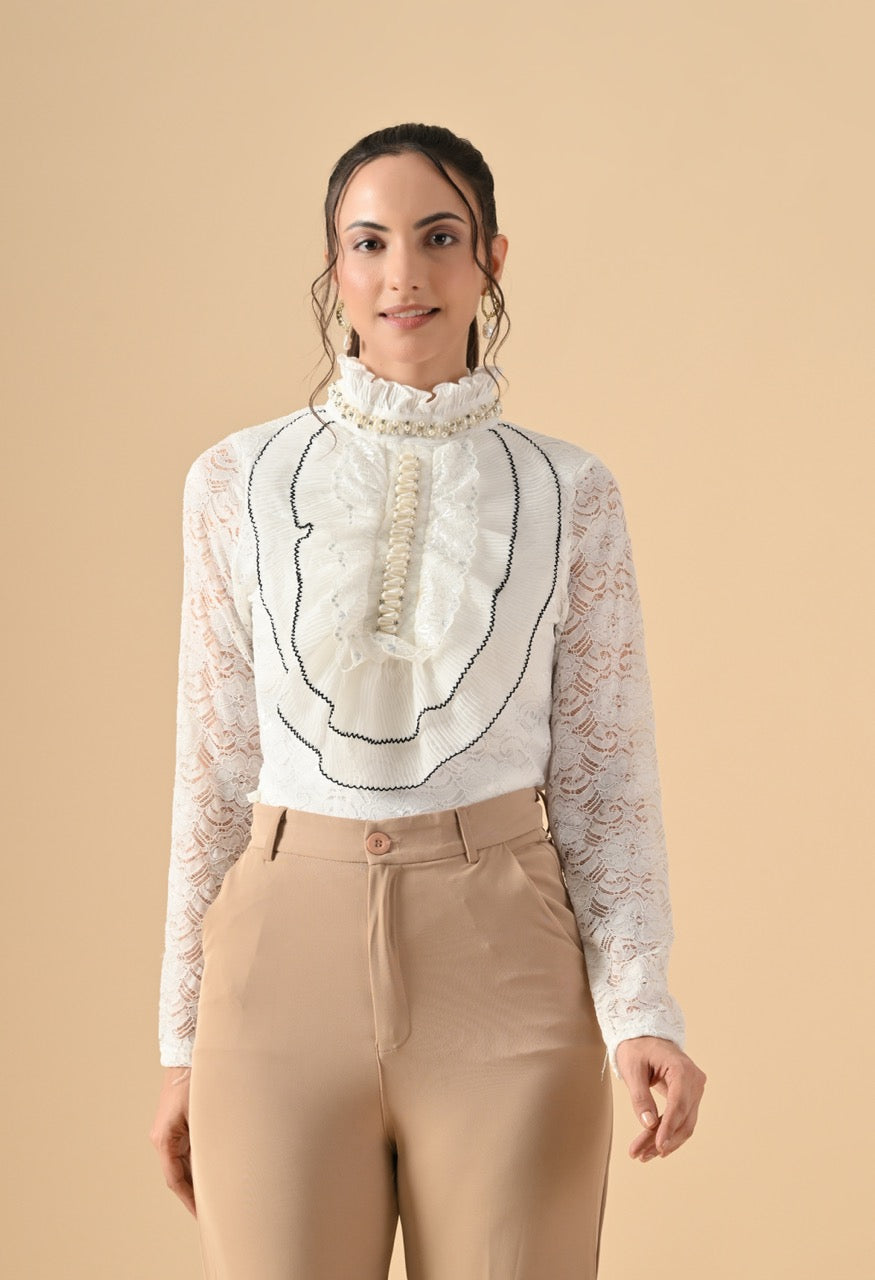 Nora Neck Pearl Embelished Lace Partywear Top Shirt for Women