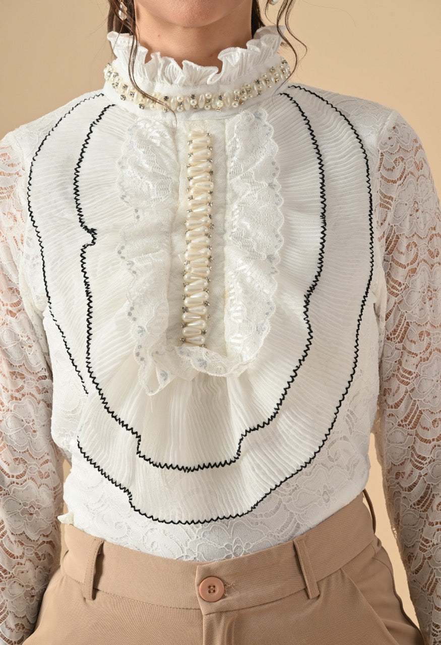 Nora Neck Pearl Embelished Lace Partywear Top Shirt for Women - gallery