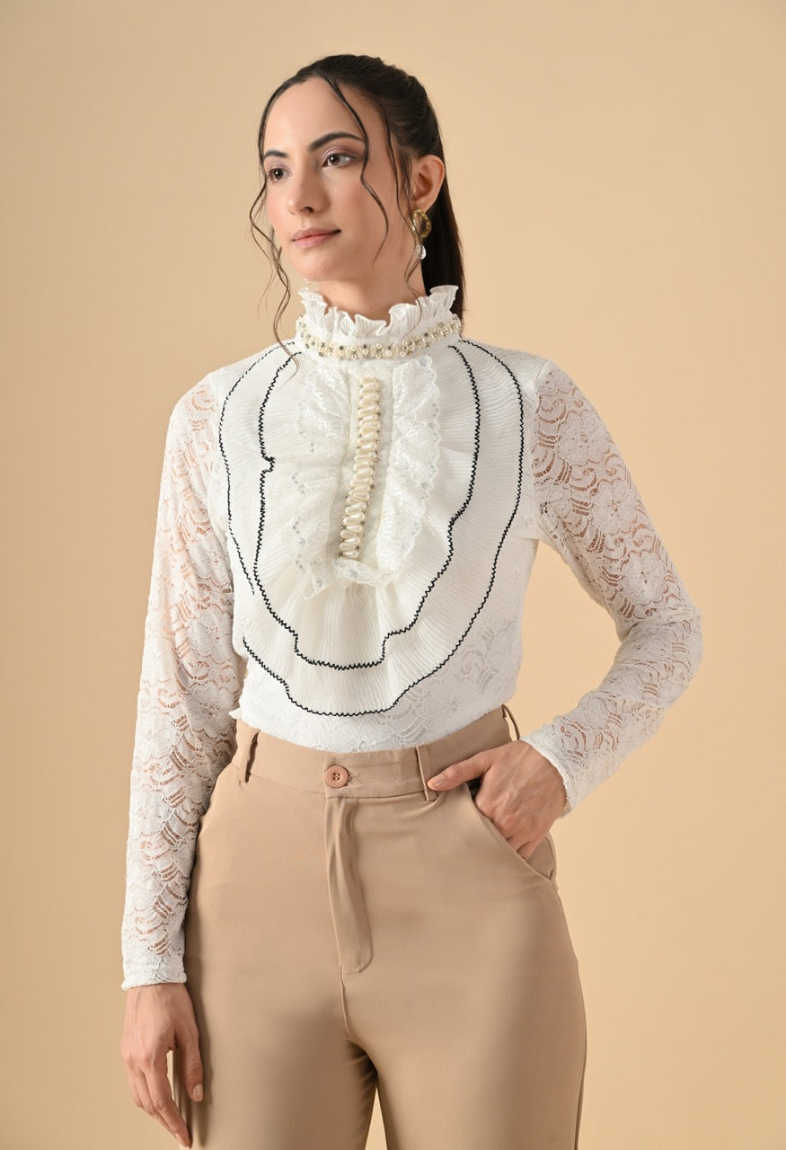 Nora Neck Pearl Embelished Lace Partywear Top Shirt for Women - gallery