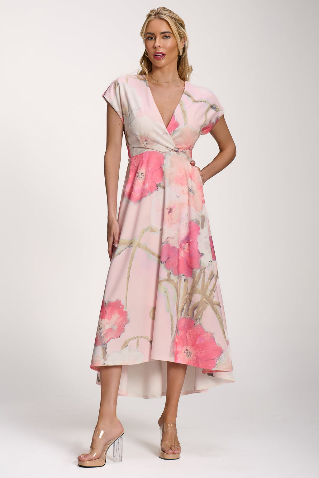 Printed Scuba Dipped Hem Midi Dress, Pink Floral for Women