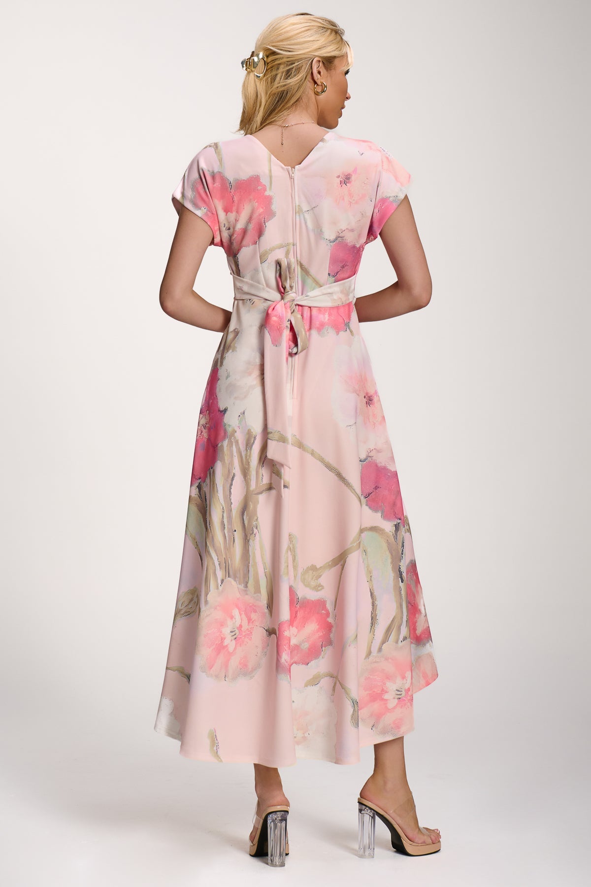 Printed Scuba Dipped Hem Midi Dress, Pink Floral for Women - gallery