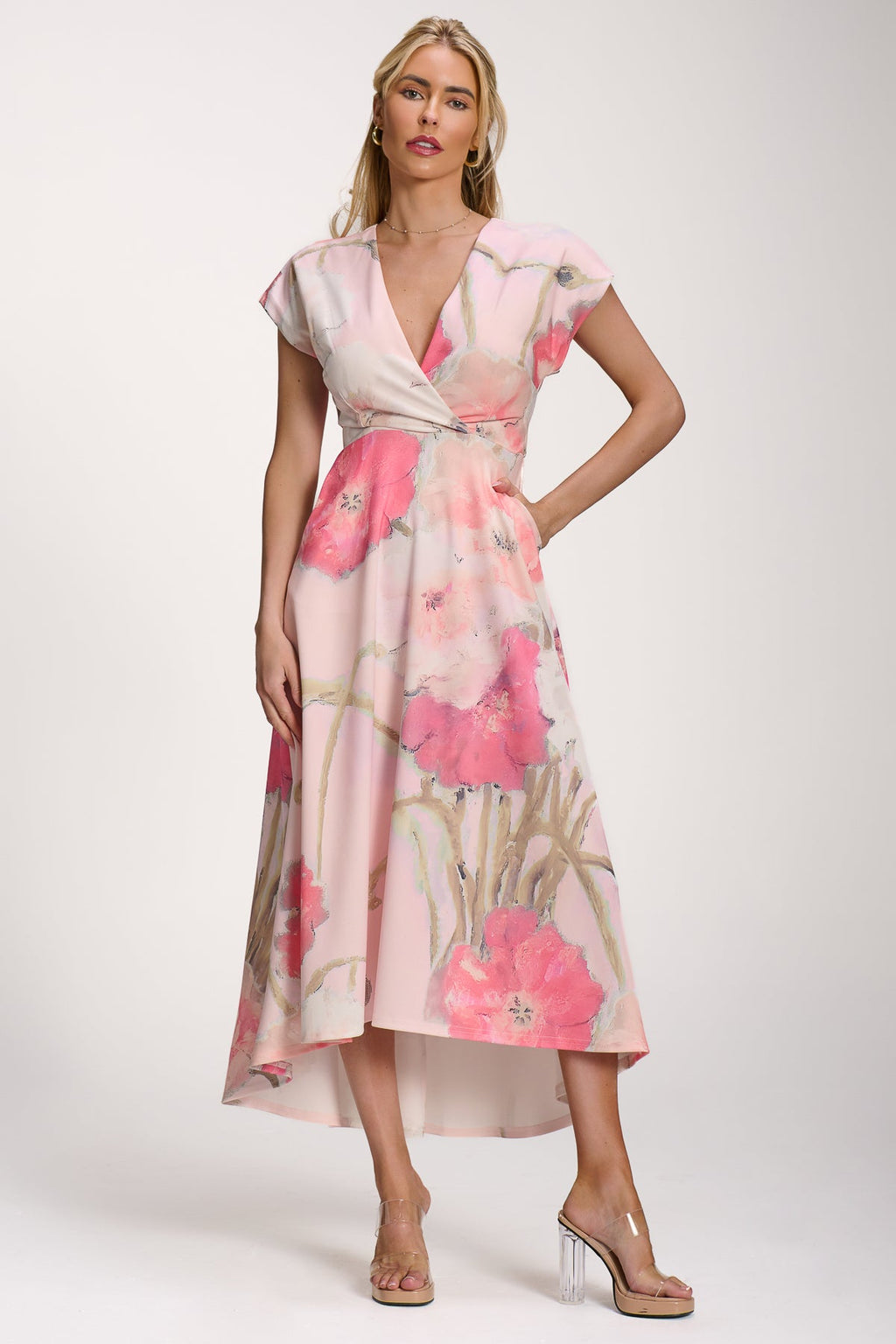 Printed Scuba Dipped Hem Midi Dress, Pink Floral for Women - gallery