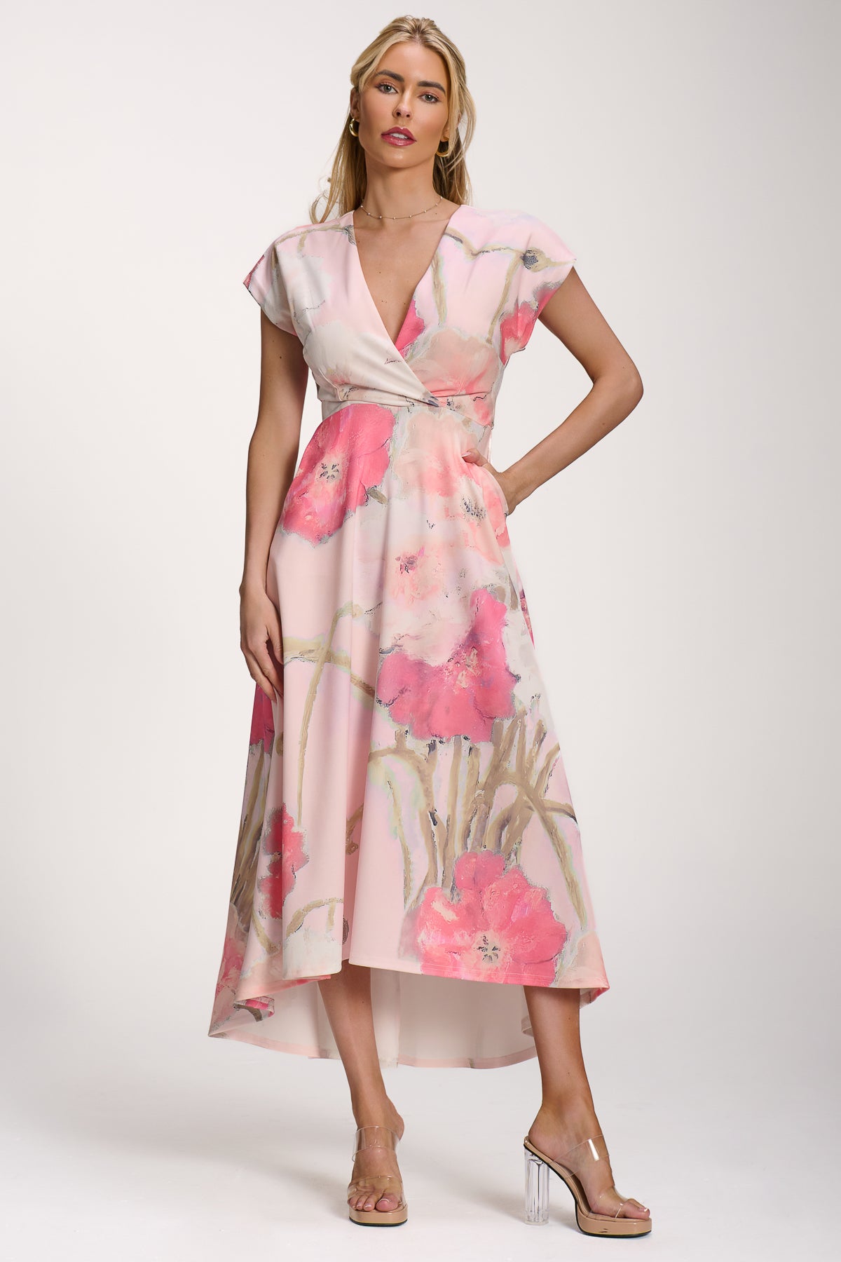 Printed Scuba Dipped Hem Midi Dress, Pink Floral for Women - gallery