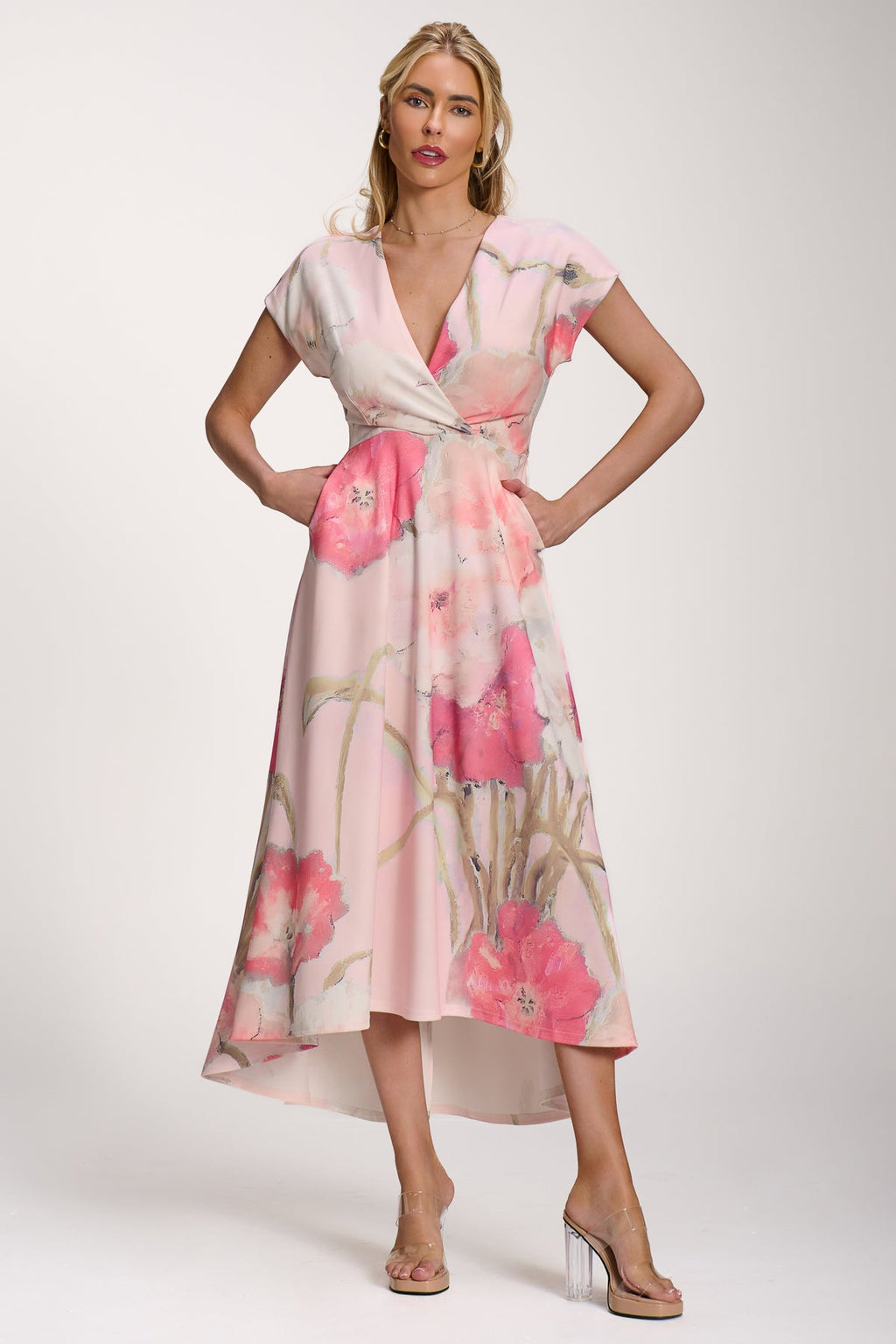 Printed Scuba Dipped Hem Midi Dress, Pink Floral for Women - gallery