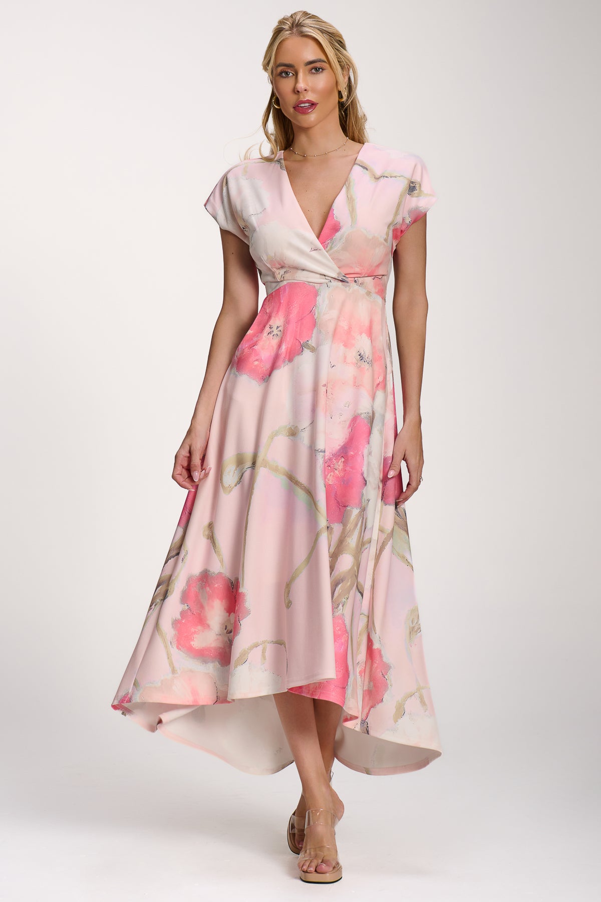 Printed Scuba Dipped Hem Midi Dress, Pink Floral for Women - gallery