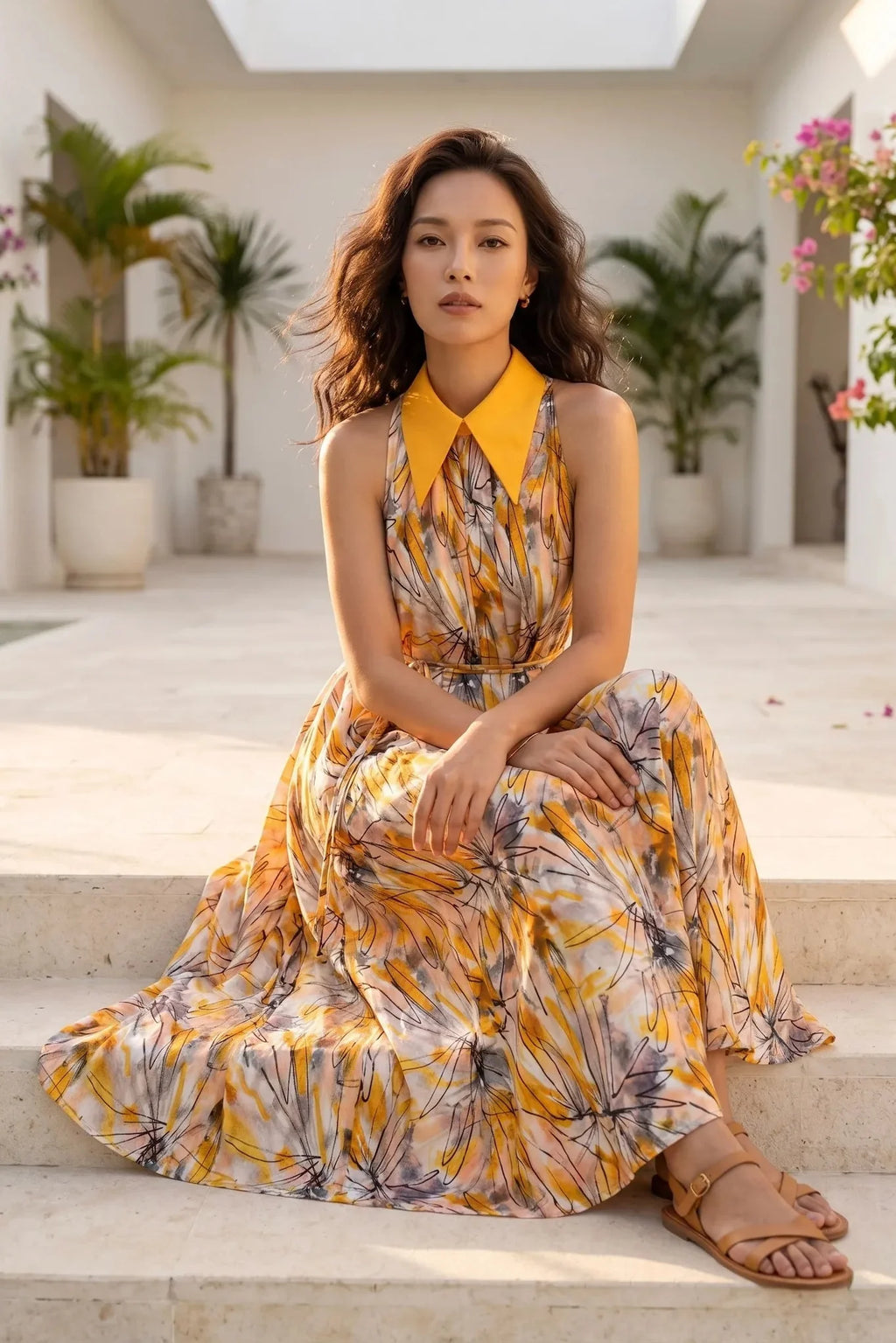 Sunflower Print Maxi Dress for Women — Shirt Collar Style - gallery