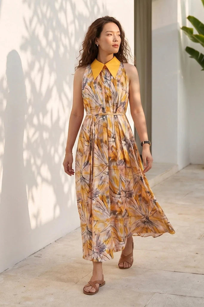 Sunflower Print Maxi Dress for Women — Shirt Collar Style - gallery