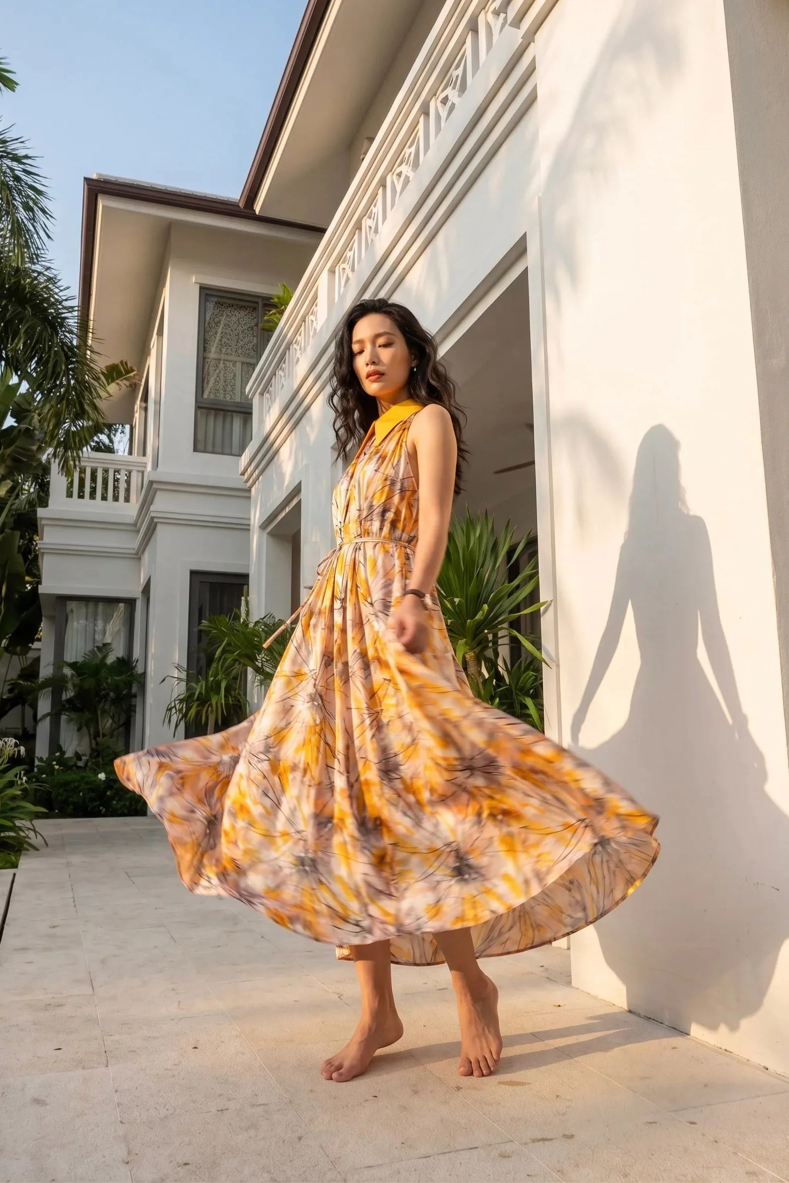 Sunflower Print Maxi Dress for Women — Shirt Collar Style